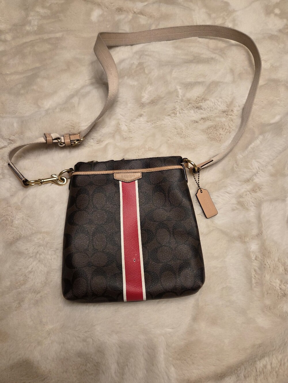 Coach Brown Signature Crossbody with Red Center Stripe
